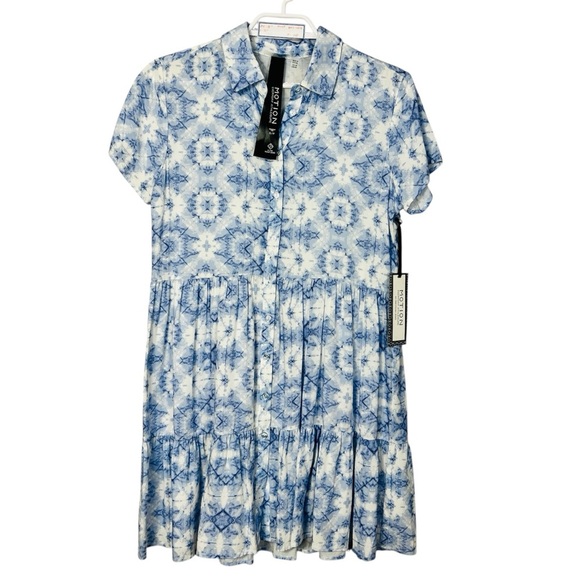 NWT Motion Blue& White Button Front Ruffle Pattern Midi Dress Women Size S - Picture 1 of 15
